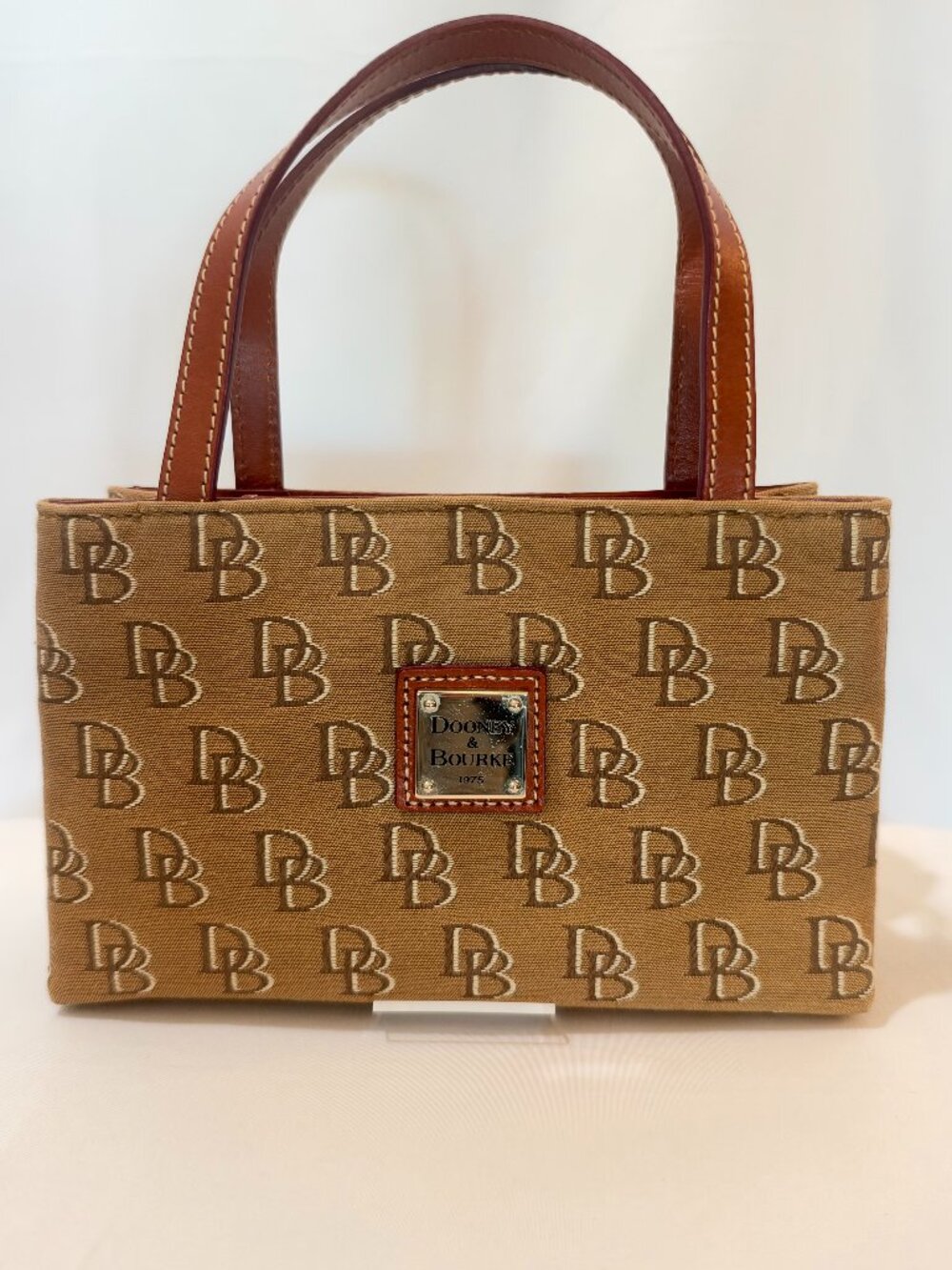 DOONEY & BOURKE Signature DB Monogram Canvas Mini Tote Bag Cognac Leather EUC